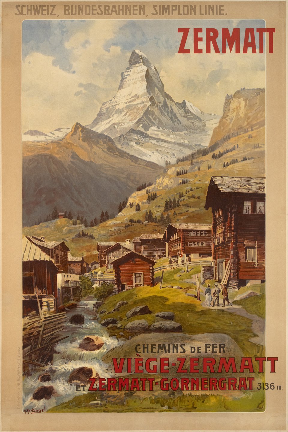 Chemins de fer Viège-Zermatt et Zermatt-Gornergrat – Affiche ancienne – Anton RECKZIEGEL – 1902