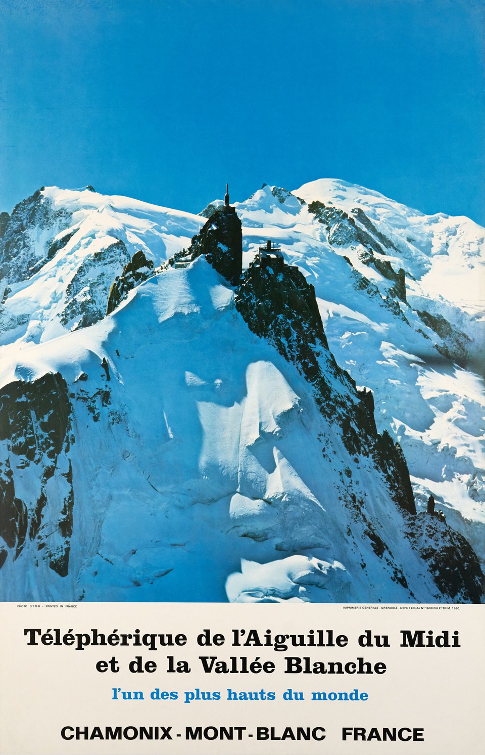 Chamonix Mont-Blanc, Téléphérique de l'Aiguille du Midi et de la Vallée Blanche. – Affiche ancienne – STMB – 1980