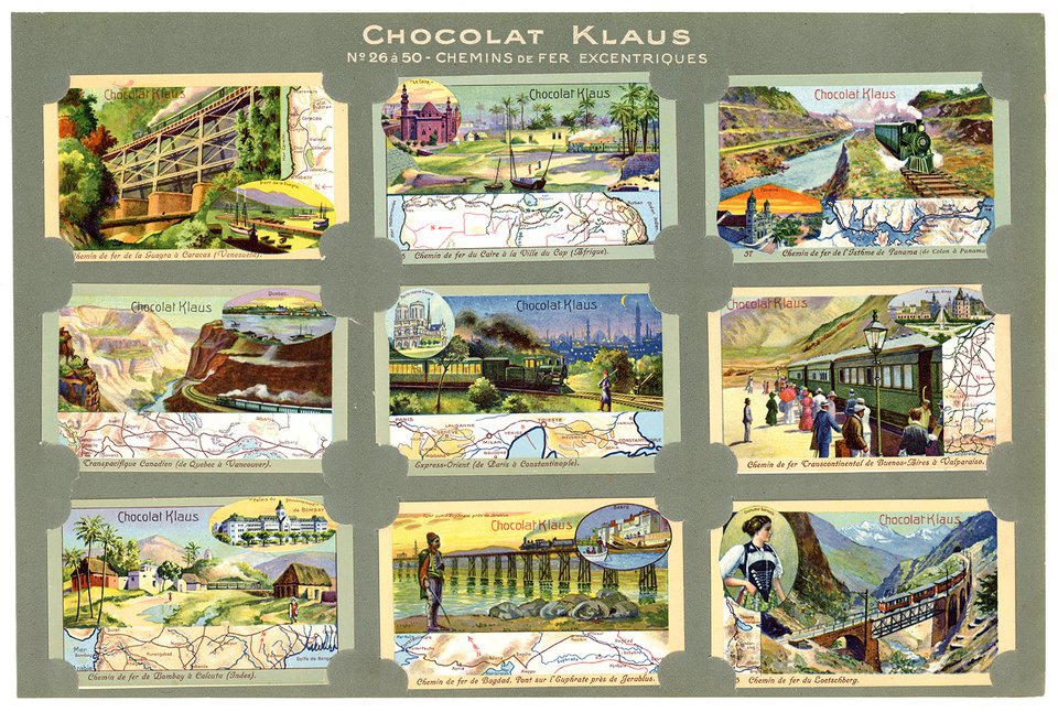 Chocolat Klaus, cartes chromos, chemins de fer excentriques – Affiche ancienne – ANONYMOUS – 1905