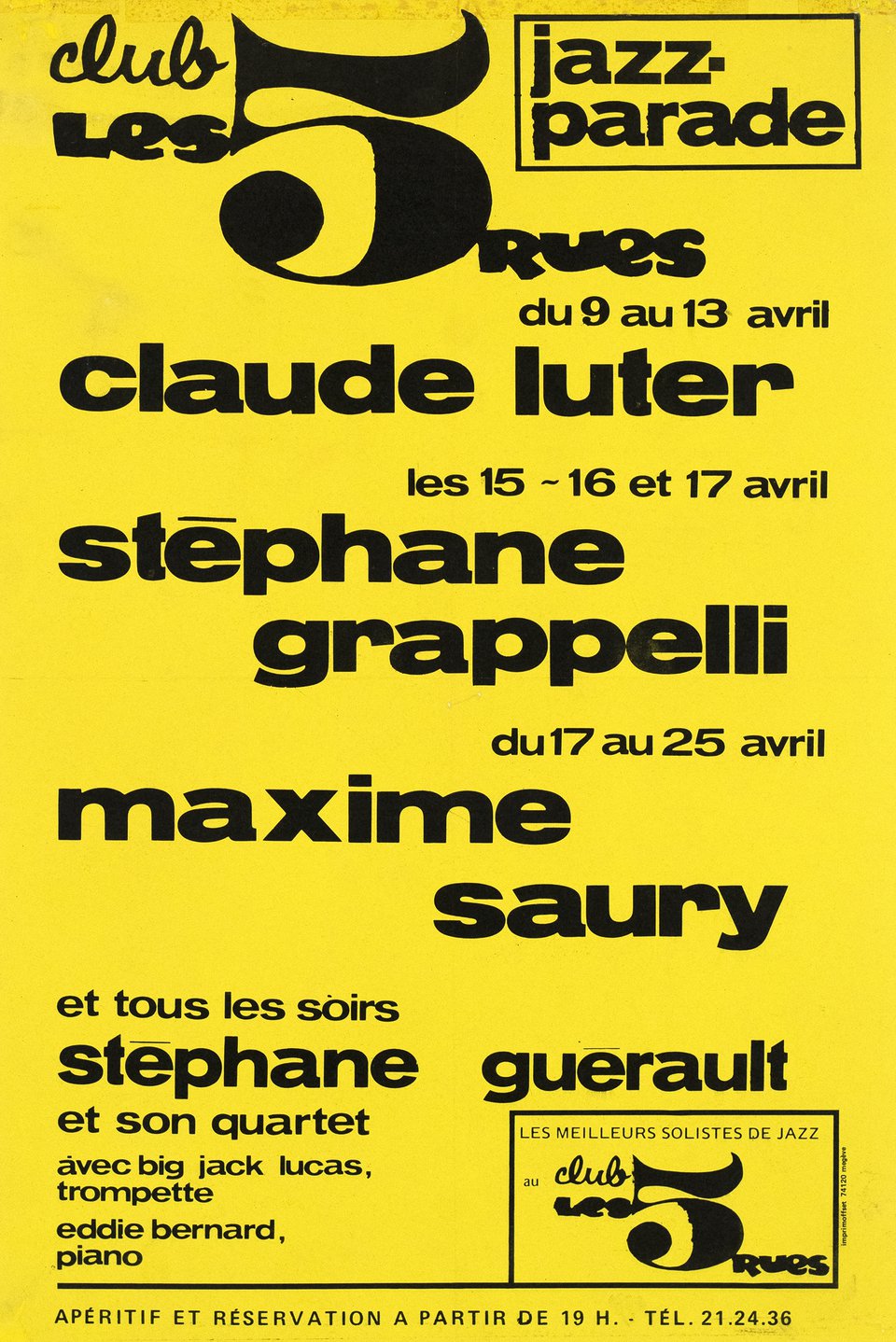 Club les 5 rues, Claude Luter, Stéphane Grappelli, Maxime Saury – Vintage poster – ANONYMOUS – 1970