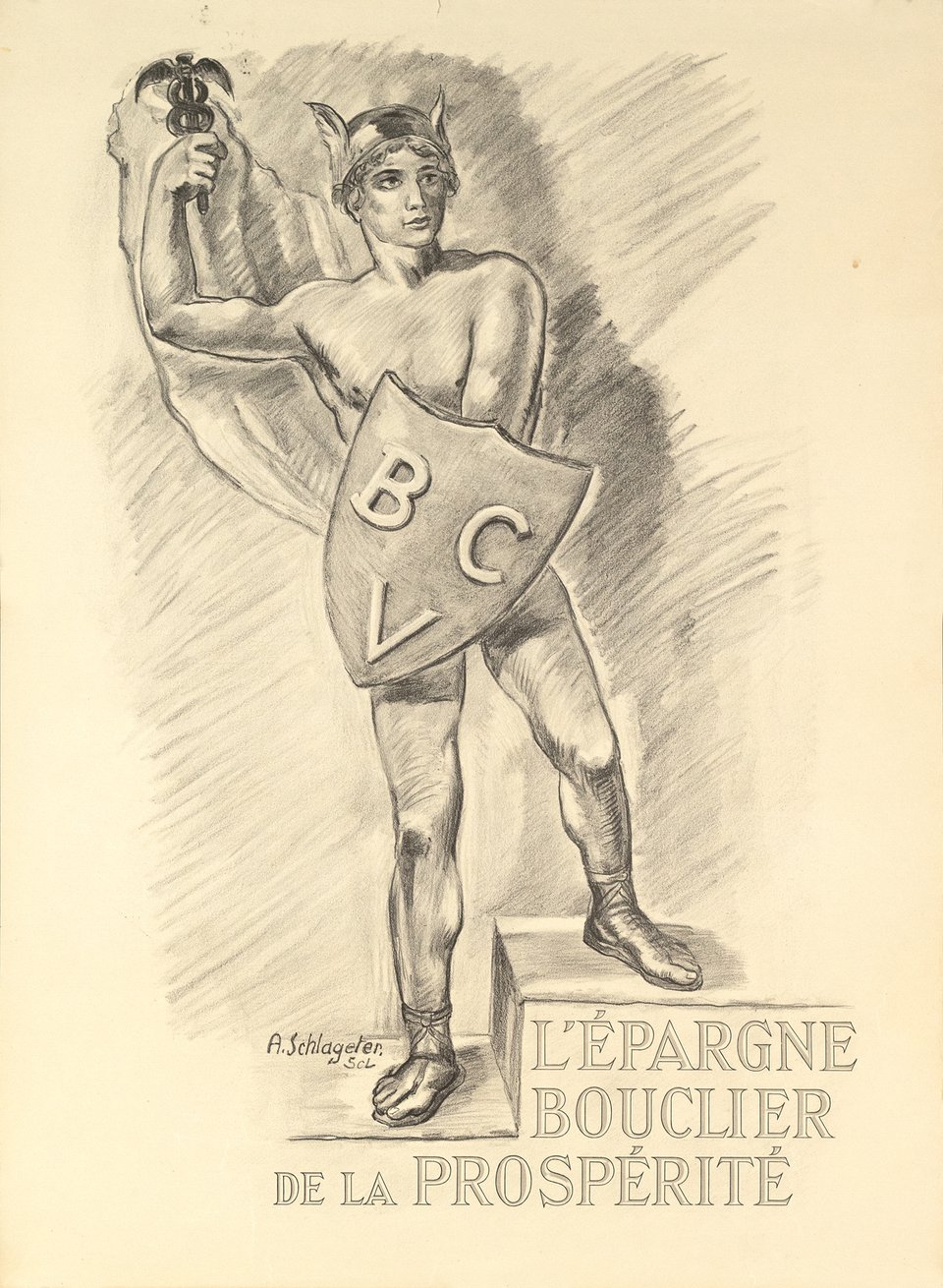 L'épargne, Bouclier de la prospérité, BCV – Affiche ancienne – A. SCHLAGETER – 1920