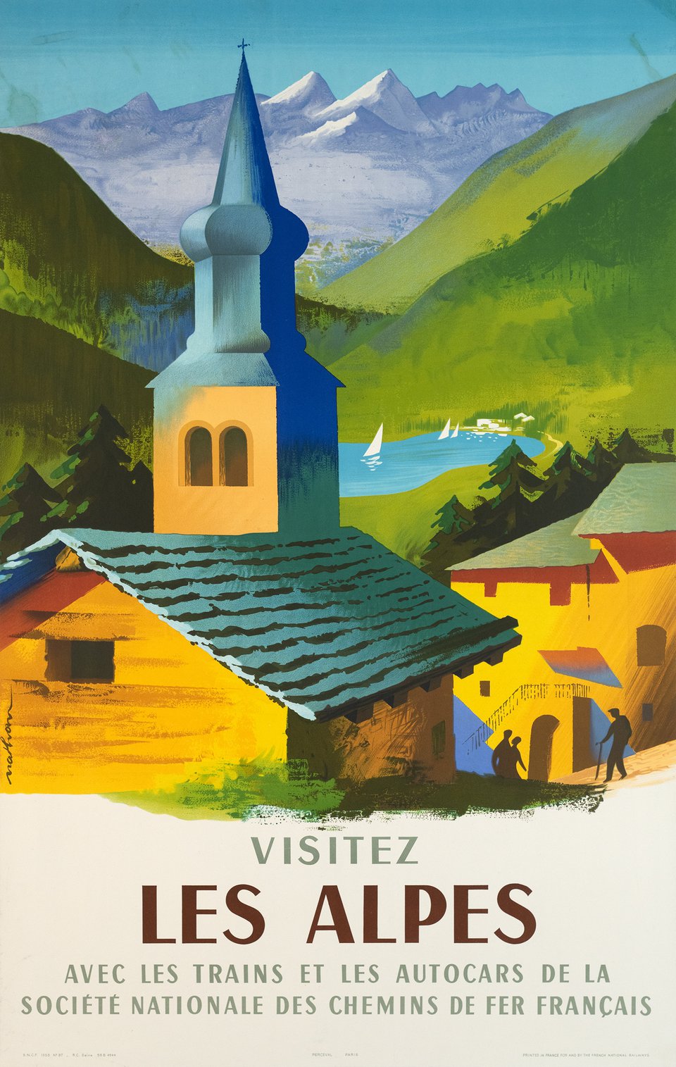 Visitez les Alpes avec les trains et les autocars de la Société Nationale des Chemins de Fer Français – Affiche ancienne – Jacques NATHAN-GARAMOND – 1958