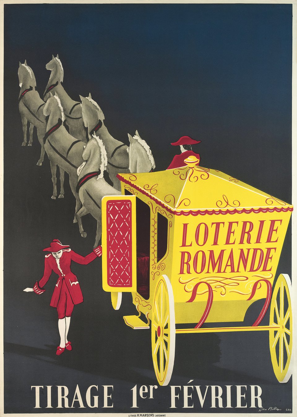 Loterie Romande, Tirage 1er février – Affiche ancienne – Alex BILLY – 1950