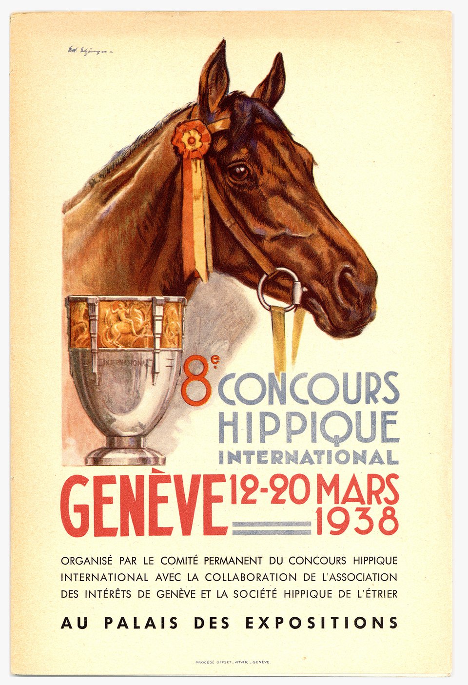 8ème Concours hippique international, Genève – Affiche ancienne – Edouard ELZINGRE – 1938