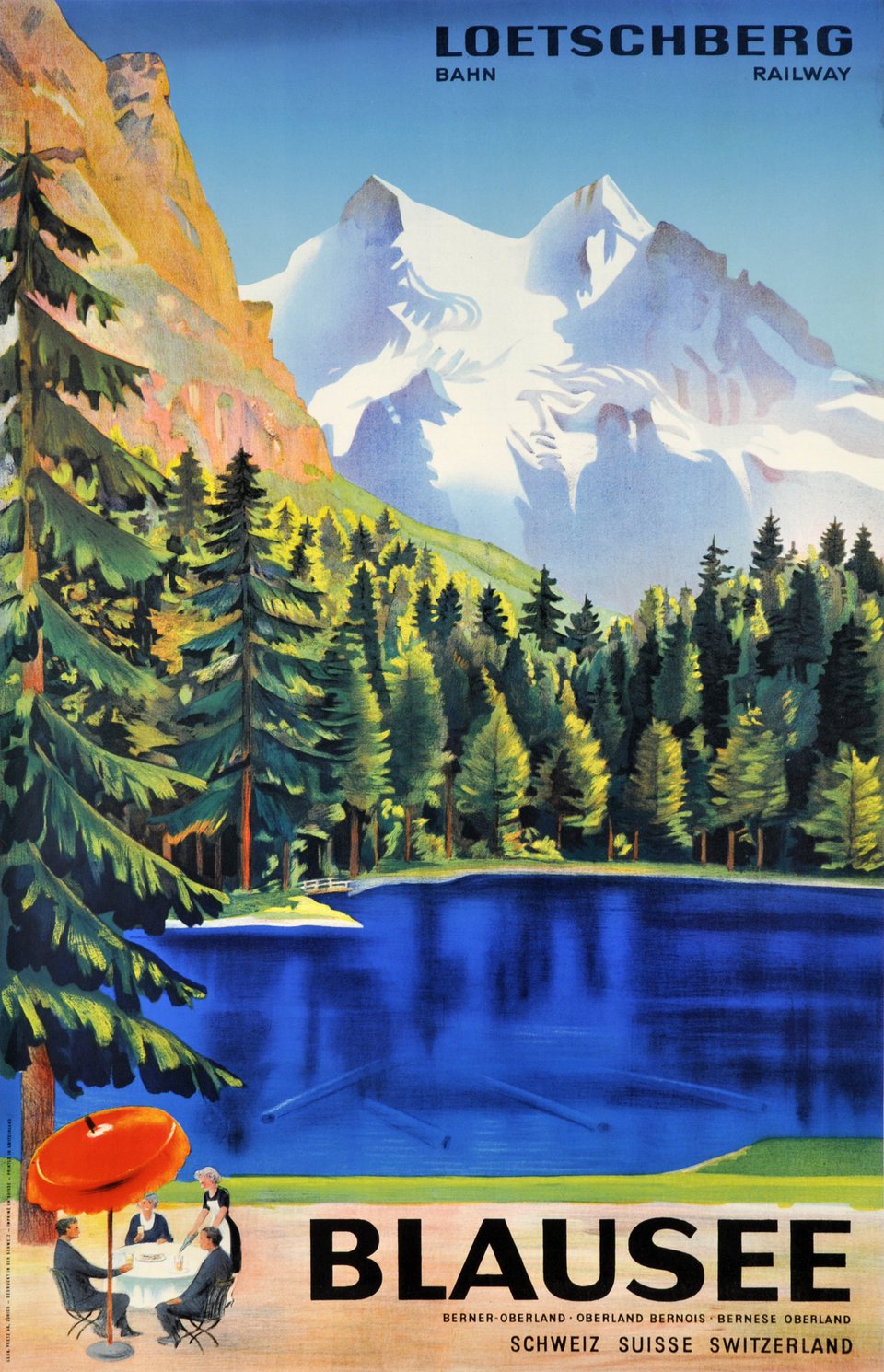 Blausee, Loetschberg Bahn Railway, Berner Oberland – Affiche ancienne – Otto BAUMBERGER – 1934