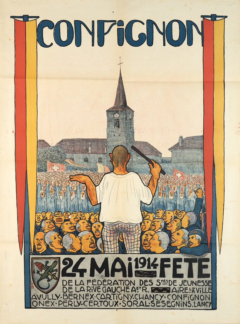 Onex, Fête de la Fédération des Sociétés de Jeunesse Rive gauche Arve et Rhone – Affiche ancienne – E.B. – 1910