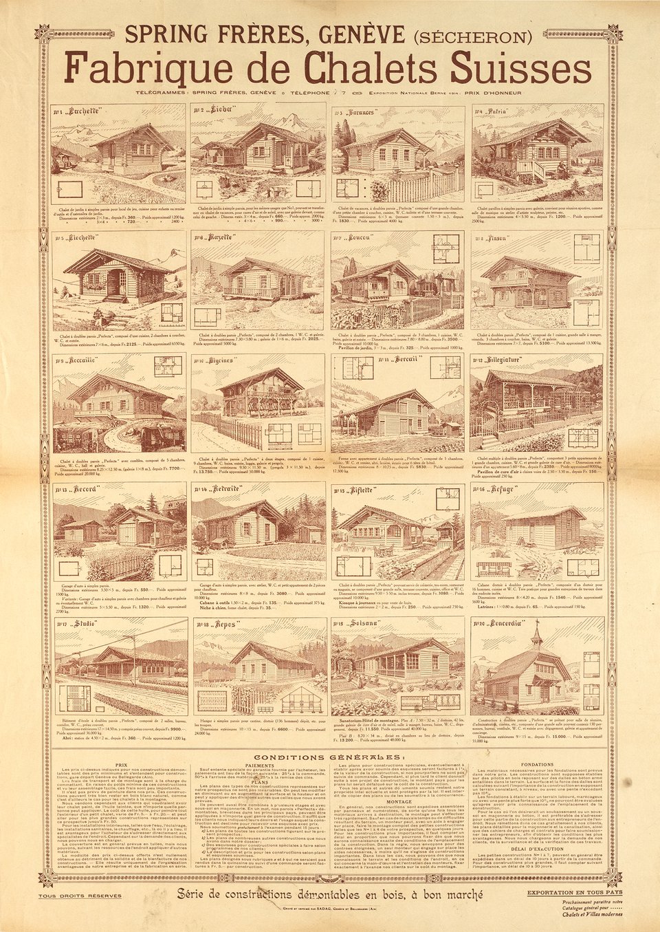 Fabrique de chalets Suisses Spring Frères, Genève – Affiche ancienne – ANONYMOUS – 1900