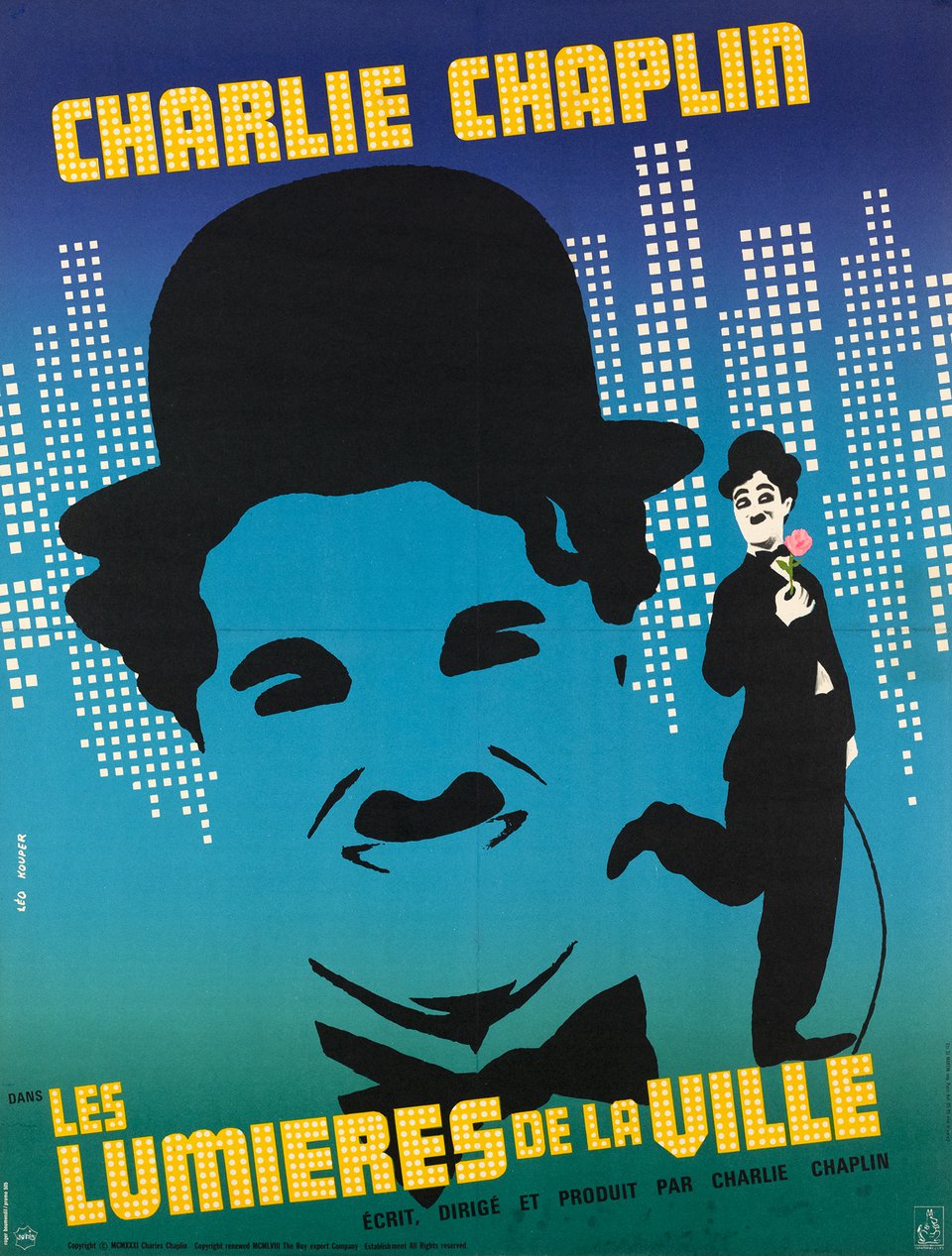 Charlie Chaplin dans Les Lumières de la Ville – Affiche ancienne – Léo KOUPER – 1958